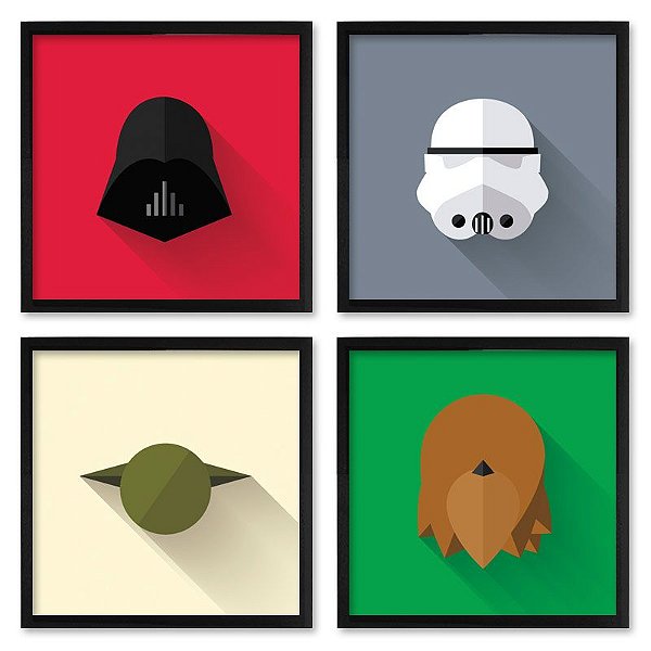 Quadro  23x23cm (4 und.) Nerderia e Lojaria star wars minimalista preto