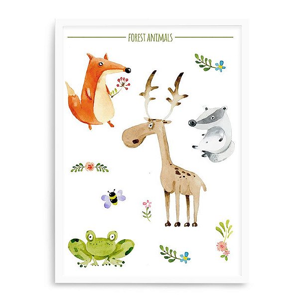 Quadro Decorativo 23x33cm Nerderia e Lojaria branco forest animals branco