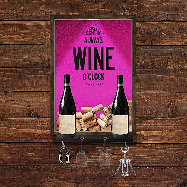 QUADRO CAIXA 33x43 cm PORTA ROLHA VINHO  E  SUPORTE PARA TAÇAS E GARRAFAS Nerderia e Lojariawine clock