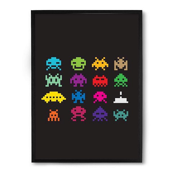 Quadro Decorativo 33x43cm Nerderia e Lojaria space invader preto