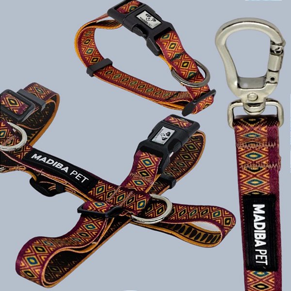 Kit Peitoral H, Coleira e Guia para Cães e Gatos Africa Marrom II Exclusiva Madiba Pet