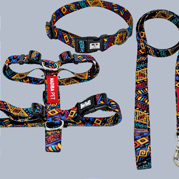 Kit Peitoral, Coleira e Guia Africa View para Cães e Gatos Madiba Pet