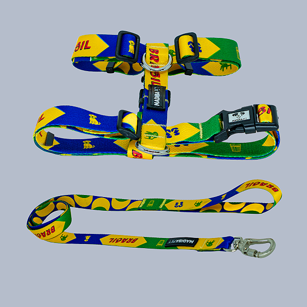 Kit Peitoral H e Guia de Passeio Puro Suco do Brasil para Cães e Gatos - Madiba Pet