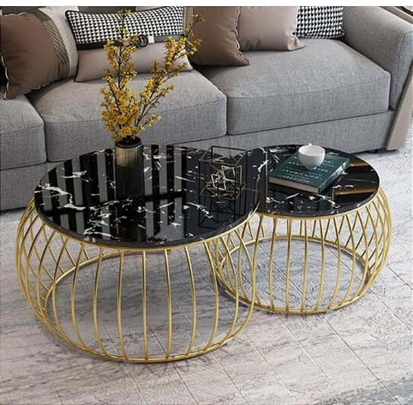 Duo de Mesas de Centro Sofia Dourado com tampo Marquina