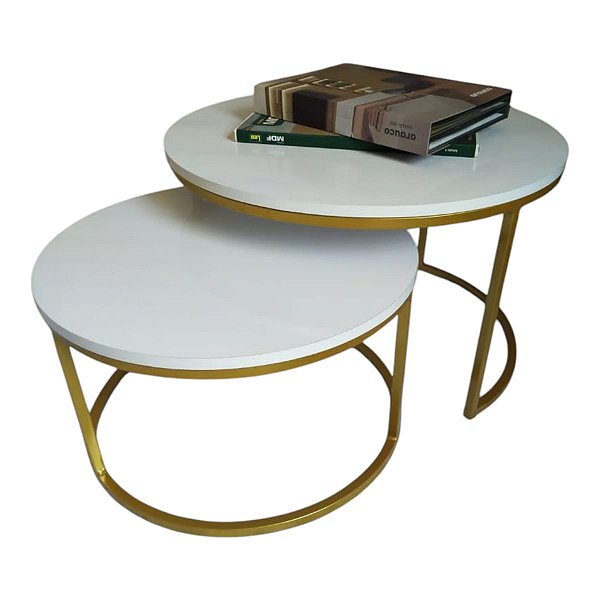 Duo de Mesas de centro Kira Dourado Champanhe com tampo Branco Laca