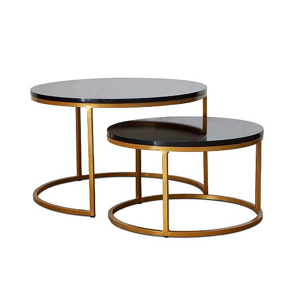 Duo de Mesas de Centro Kira Dourada com tampo Preto Brilhante