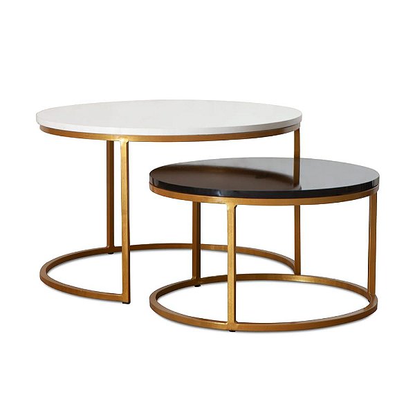 Duo de Mesas de Centro Kira Dourada com tampo Preto e Branco Brilhante
