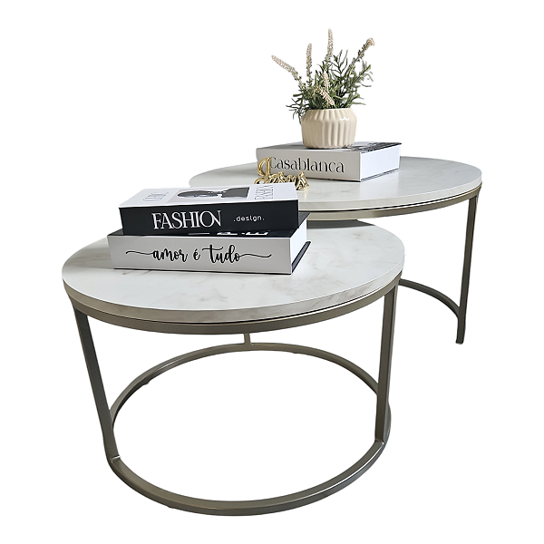 Duo de Mesas de centro Kira Dourada Champanhe  com tampo Branco Marmorizado