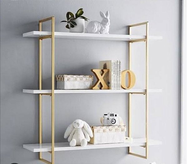 PRATELEIRA DE FERRO DOURADA COM MDF BRANCO