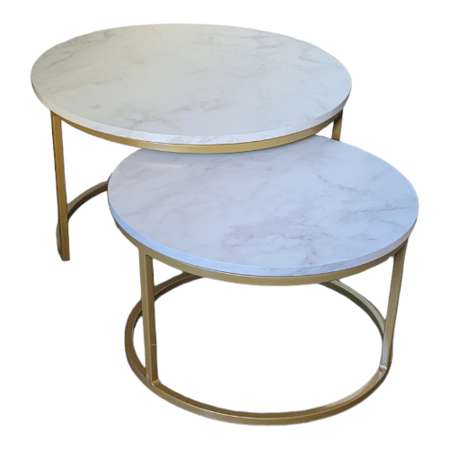 MESA DE CENTRO REDONDA DOURADA COM TAMPO EM MDF MARMORIZADO BRANCO MODELO KIRA