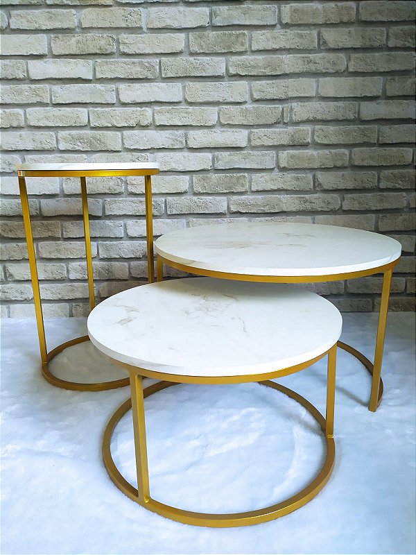 MESAS DE CENTRO REDONDA + MESA LATERAL DOURADA COM MDF MARMORIZADO BRANCO MODELO KIRA