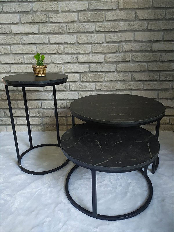 MESAS DE CENTRO  REDONDA PRETA COM TAMPO PRETO MARMORIZADO + MESA LATERAL