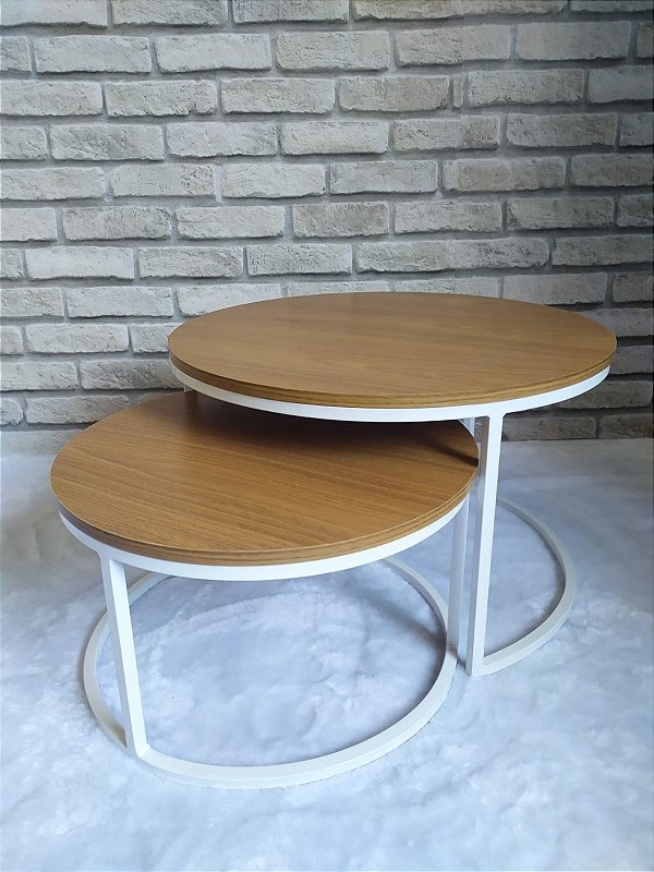 MESA DE CENTRO REDONDA BRANCA COM MDF LOURO FREIJÓ MODELO KIRA