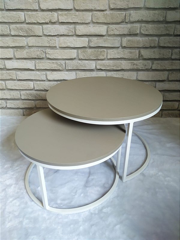 MESAS DE CENTRO REDONDA BRANCA COM MDF CINZA GIANDUIA  MODELO KIRA
