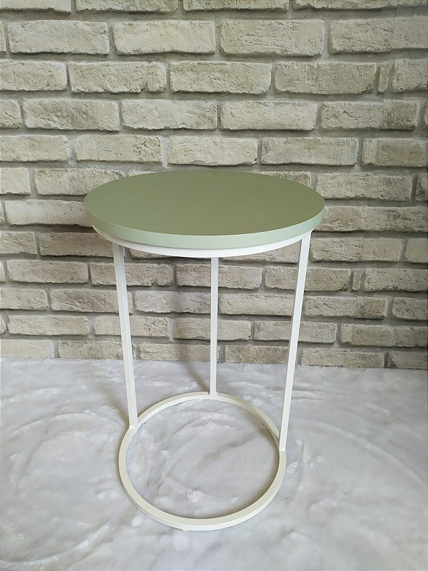 MESA LATERAL REDONDA BRANCA  TAMPO VERDE ÁGUA MODELO KIRA