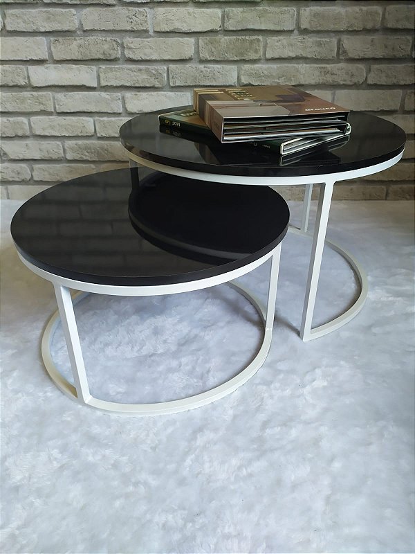 MESA DE CENTRO REDONDA BRANCA COM MDF PRETO MODELO KIRA