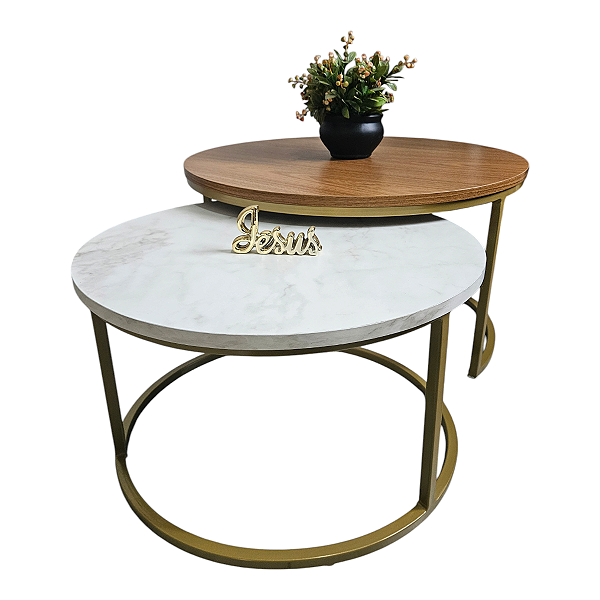 Duo de Mesas de Centro Kira Dourado  com Tampo Louro Freijó e Atenna (Branco Marmorizado)
