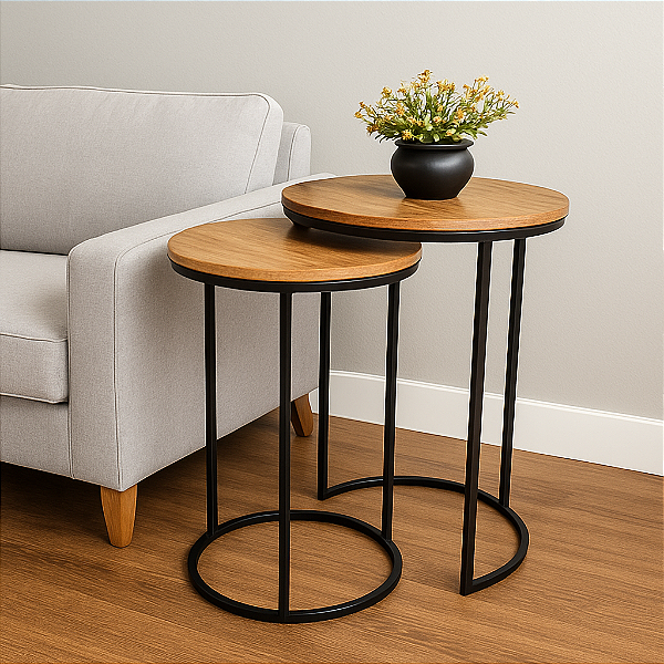 Duo de Mesas Lateral Kira Preto com tampo em MDF Louro Freijó