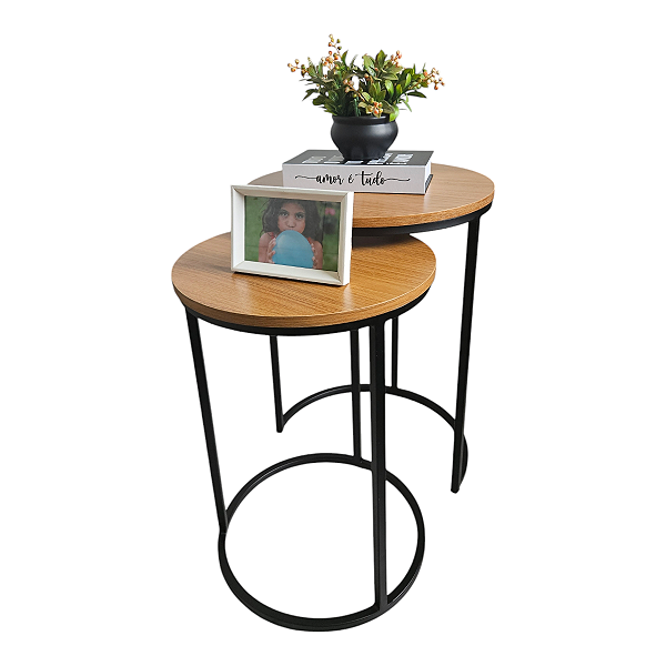 Duo de Mesas Lateral Kira Preto com tampo em MDF Louro Freijó