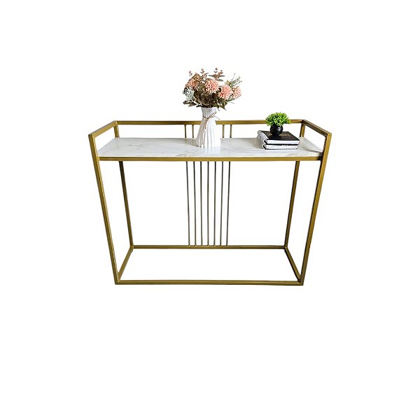 Aparador de ferro modelo Luxo Dourado com MDF Branco Marmorizado 1,00X35