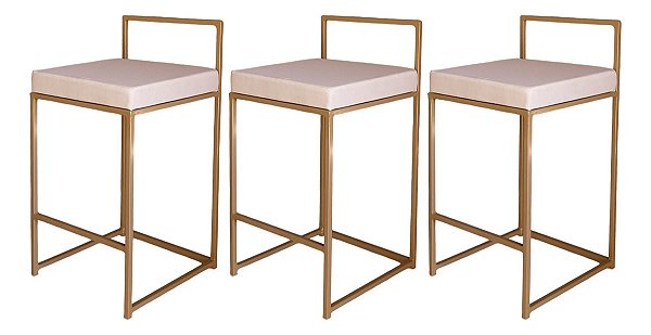 Banquetas Altas 60cm Lis – Kit com 3 em Ferro Dourada e Estofado
