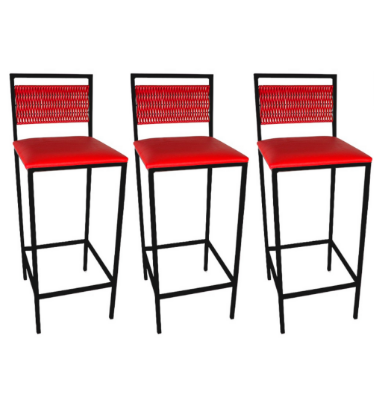 Conjunto com 3 Banquetas Kiara Preta com estofado Vermelho