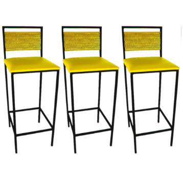 Conjunto com 3 Banquetas Kiara Preta com estofado Amarelo