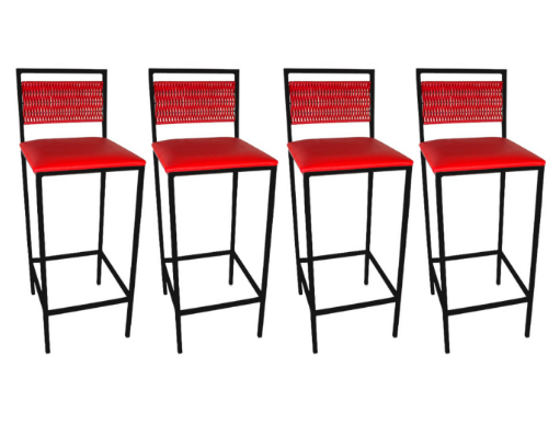 Conjunto com 4 Banquetas Kiara Preta com estofado Vermelho