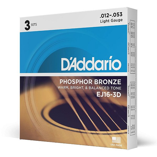 Encordoamento D'addario EJ16-3D 0.12 para Violão Aço 3 Jogos