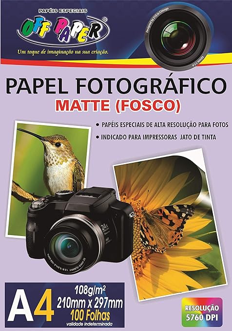 Papel Fotográfico Matte (Fosco) A4 108g - Off Paper - Alta Resolução - 100 Folhas