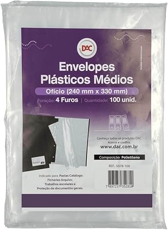 Envelope Plástico Ofício Espessura Média com 4 Furos - Transparente