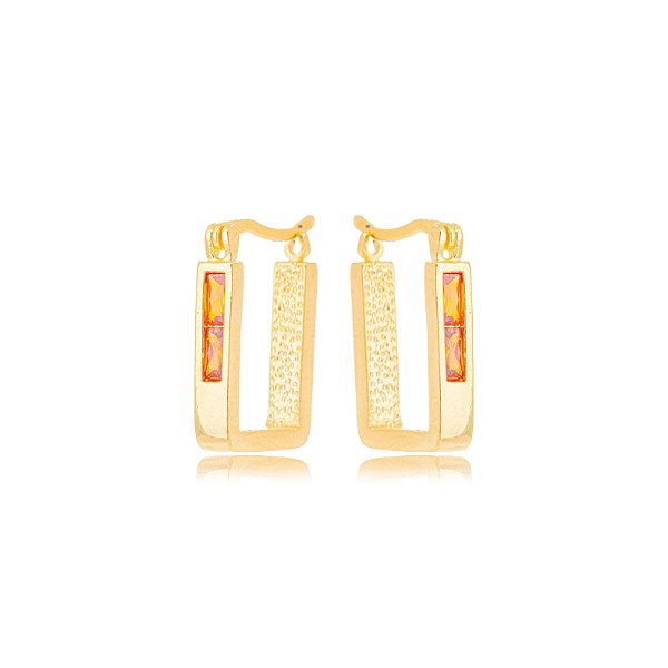 Brinco KAF Argola Retangular Cristal Laranja - Banhado em ouro amarelo 18k