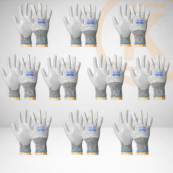 Kit 10 Pares Luva de Segurança Cut Volk Cinza - Resistente a Corte