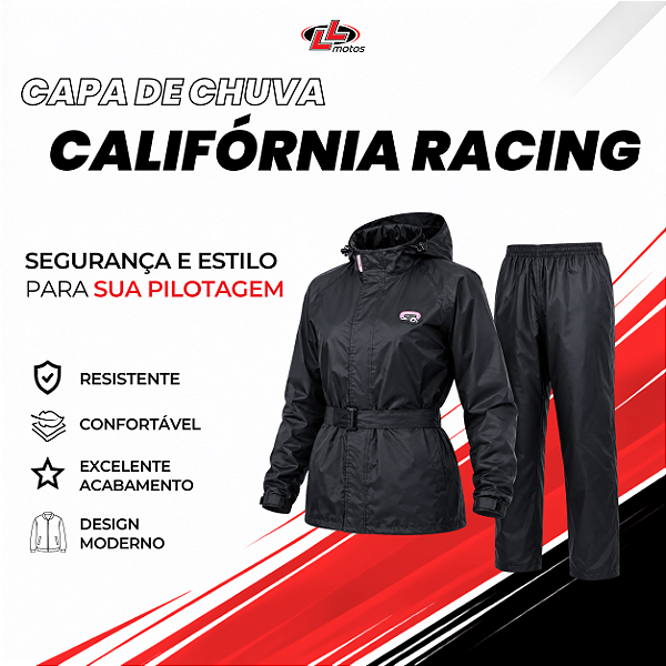 Capa de Chuva Califórnia Racing Nylon Feminina P ao GG