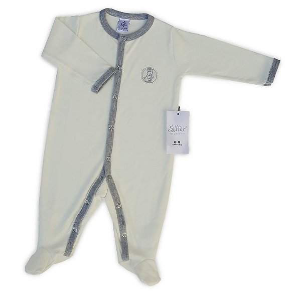 Macacão bebê longo Suedine cor bege bordado Hipopótamo