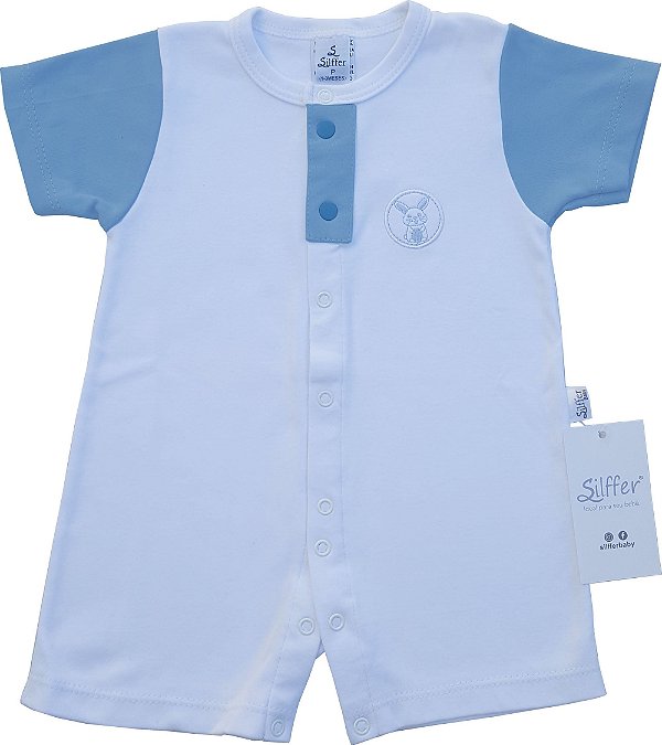 Macacão Curto Coelhinho Branco e Azul (Suedine)