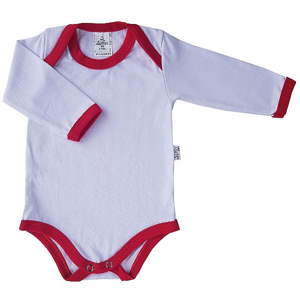 Body Bebê Branco Manga Longa Gola Americana Vermelho
