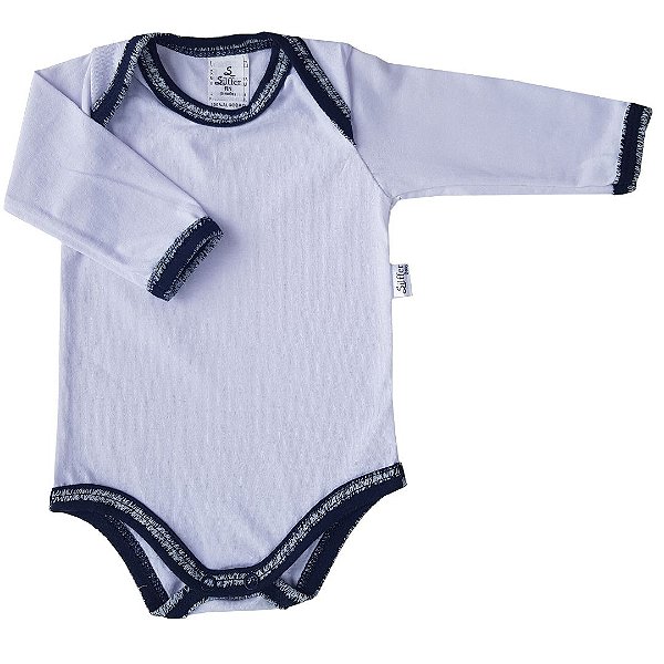 Body Bebê Branco Manga Longa Gola Americana Marinho