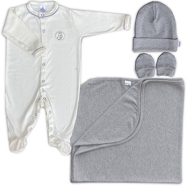 Saída Maternidade Marfim e Mescla Bordado-Hipopótamo 04 Peças