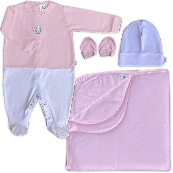 Saída Maternidade 04 Peças Rosa Bebê e Branco Bordado-Gata