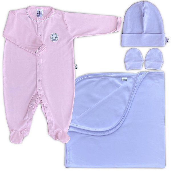 Saída Maternidade Rosa Bebê e Branco Bordado-Gata 04 Peças