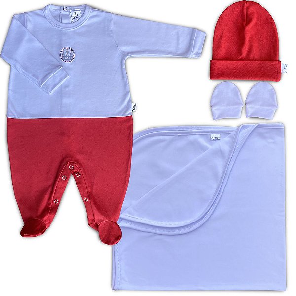 Saída Maternidade 04 Peças Branco e Vermelho Bordado-Castelo
