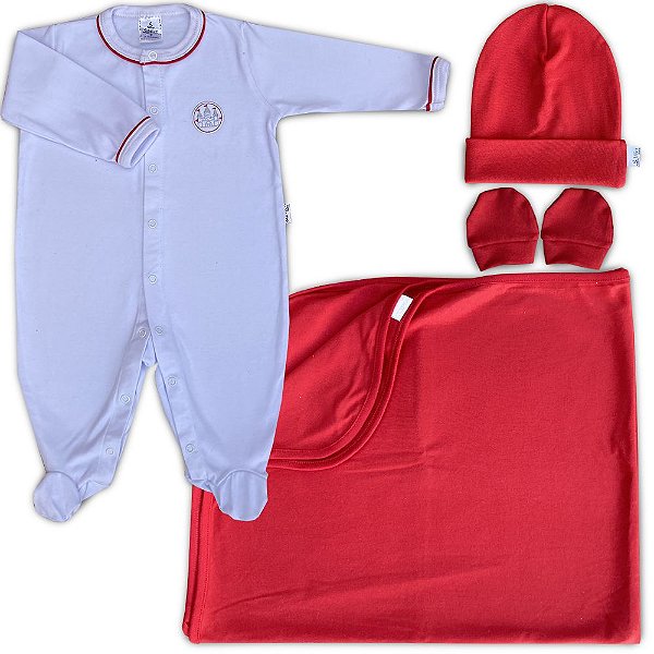 Saída Maternidade Branco e Vermelho Bordado-Castelo 04 Peças