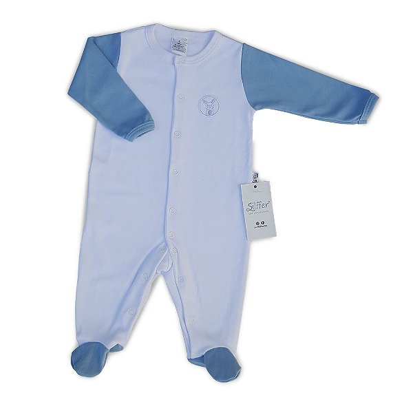 Macacão bebê longo Suedine cor branco e azul bebê coelhinho