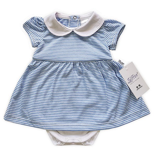 Vestido Body Bebê Listrado Azul Bebê e Branco