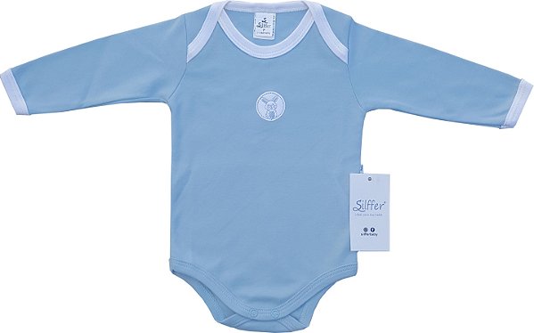 Body azul bebê gola americana manga longa bordado coelho
