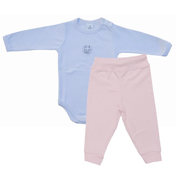 Conjunto Body Bebê Manga Longa Suedine Branco Gatinha