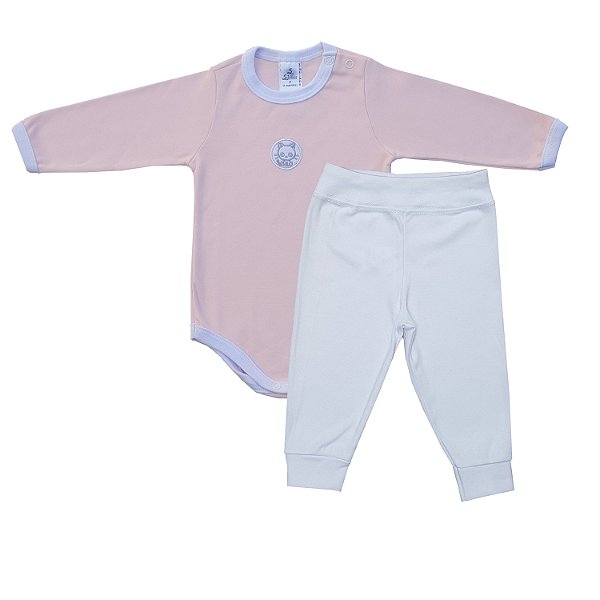 Conjunto Body Bebê Feminino Manga Longa Suedine Rosa