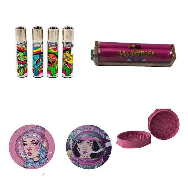 Kit Headshop Rosa: 1 Cinzeiro Metal + 1 Isqueiro + 1 Dichavador + 1 Bolador