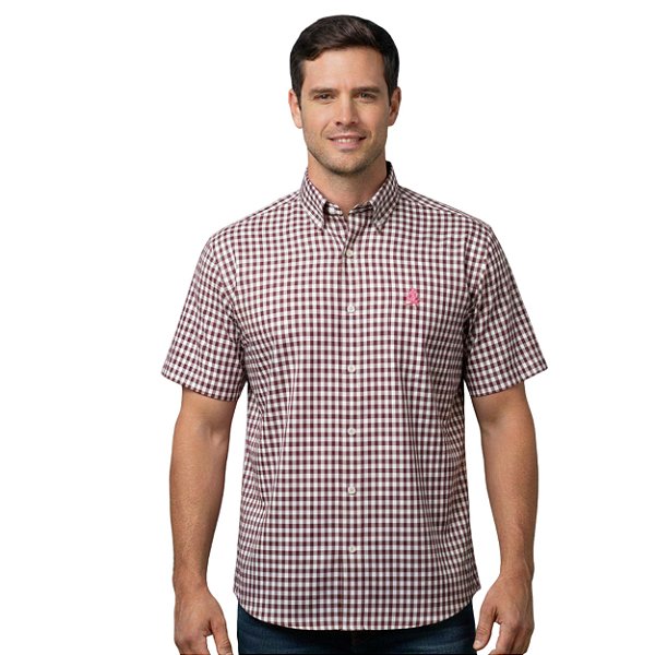 Camisa Manga Curta Ox Horns Xadrez Bordô